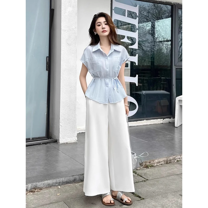 2025夏季新款韩版时尚气质百搭显瘦短袖衬衫+高腰阔腿裤两件套女