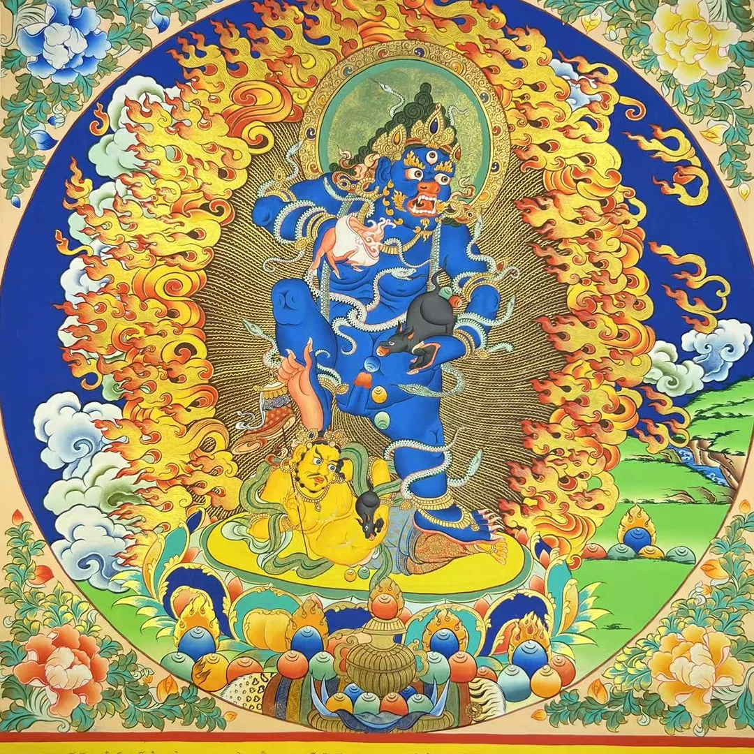 纯手绘诺顿喇嘛亲笔绘制黑财神唐卡尺寸50*53带心咒