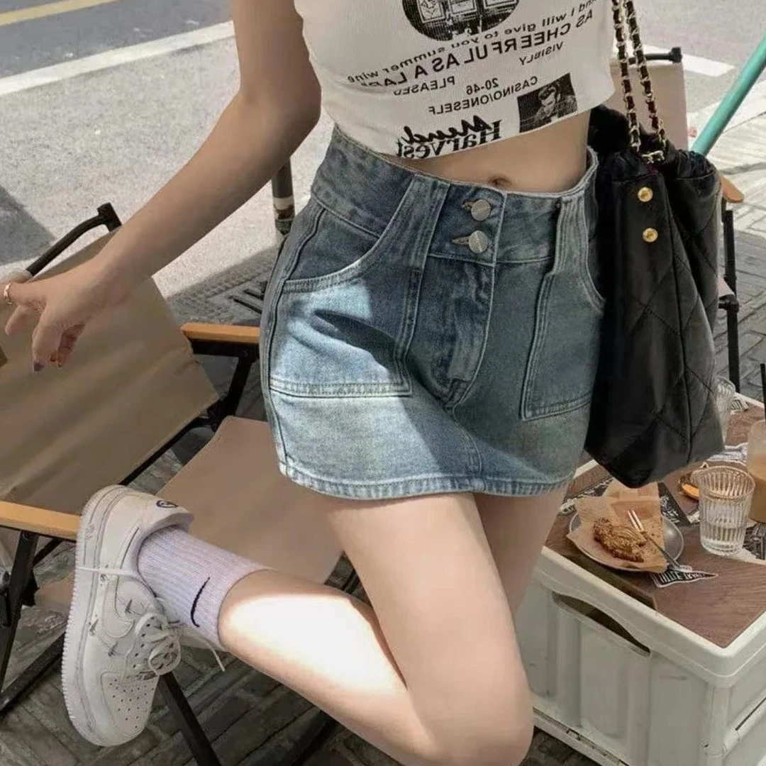 辣妹显瘦半身裙牛仔裙女装夏季a字裙短裙内衬水洗复古高腰显瘦