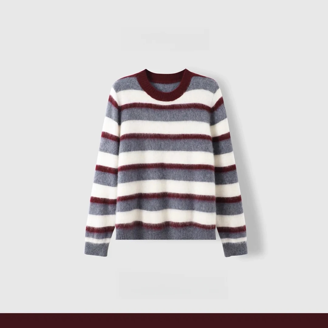 【普罗旺斯恋歌】针织时尚女士条纹拼色圆领秋冬早秋羊毛拉绒套头衫