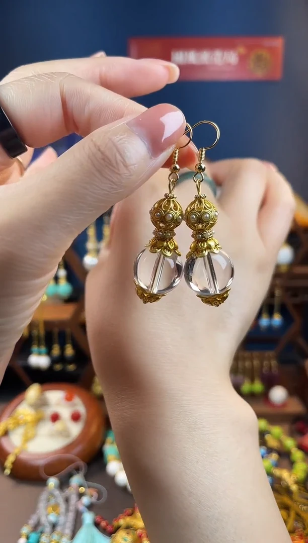 水晶耳饰银S925镀金镶嵌海*，白色水晶耳钩