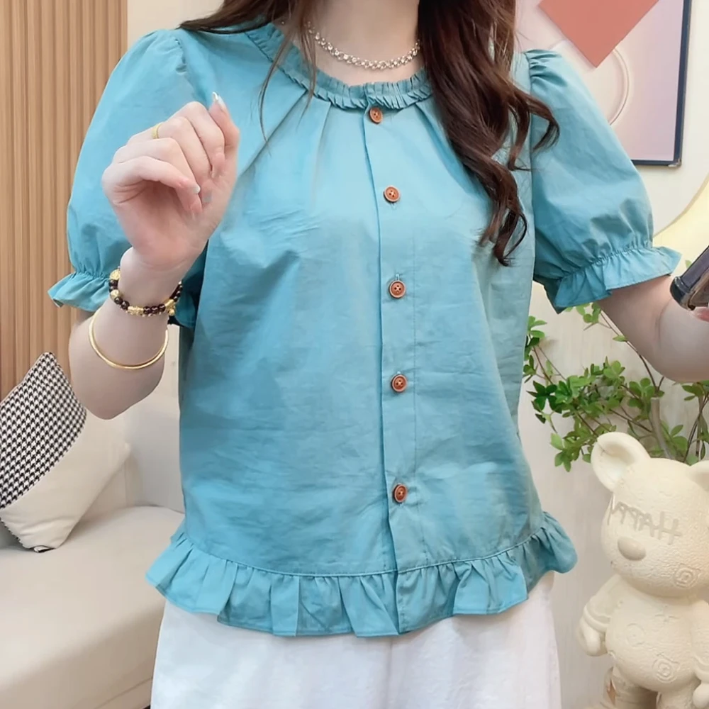 【婉若清风】夏季新款法式木耳花边设计感时尚洋气修身衬衫上衣女