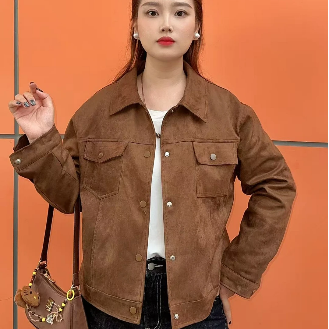 【新品现货现发】麂皮高档直下摆复古短外套秋季女士翻领短款女装