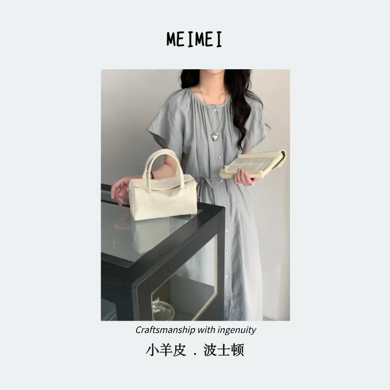 【塔木手作】经典女士羊皮真皮手提单肩斜跨波士顿保龄球包包M719