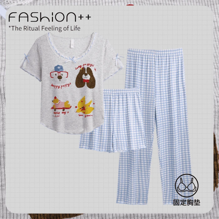 带胸垫睡衣女夏季新款2025爆款三件套薄款透气可外穿家居服套装