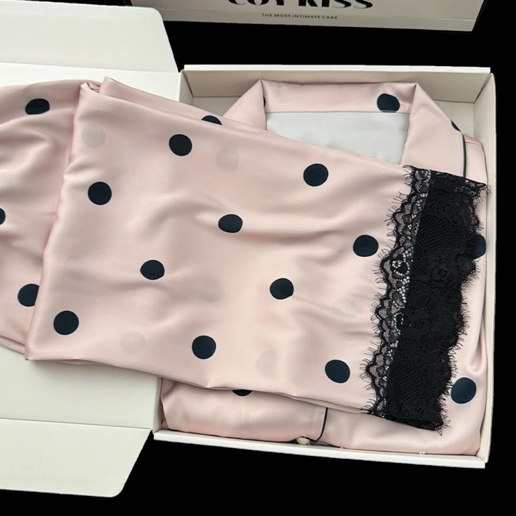 睡衣女士春夏季长袖开衫冰丝波点套装可外穿夏天时尚高级感家居服