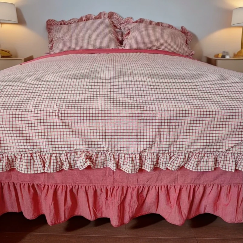 水洗棉AB面荷叶边经典格四件套