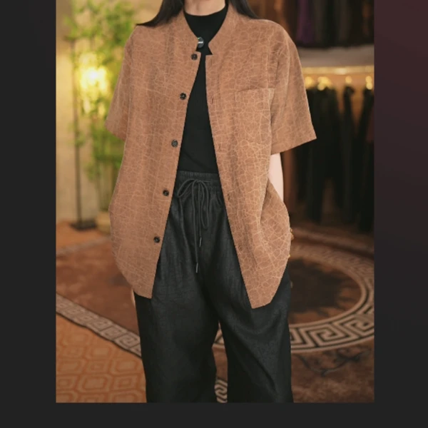 套装香云纱原龟100桑蚕丝男士短袖薄款宽松国风夏季立领休闲衬衫