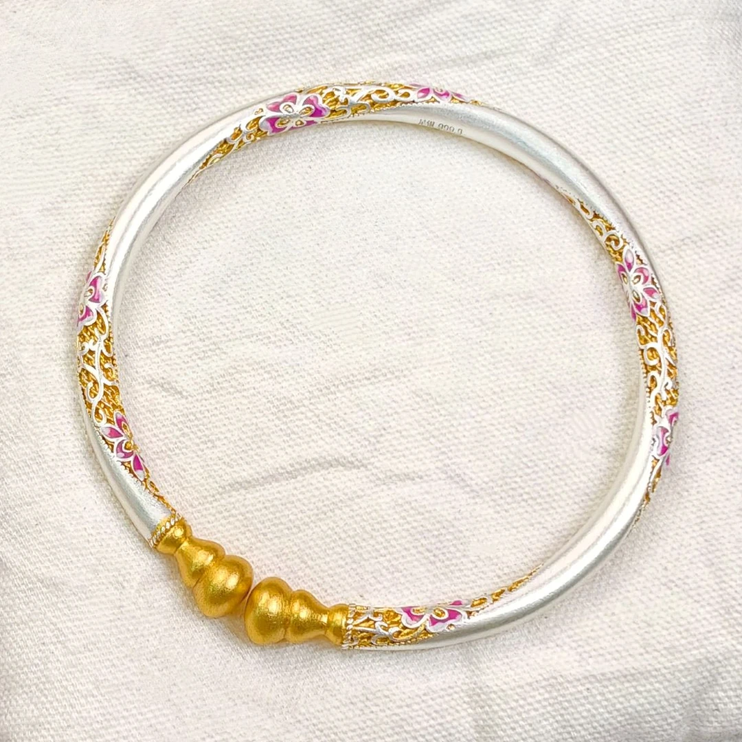 足银手镯 9999纯银通用复古宫廷女圈口可调国风彩色手饰手工饰品