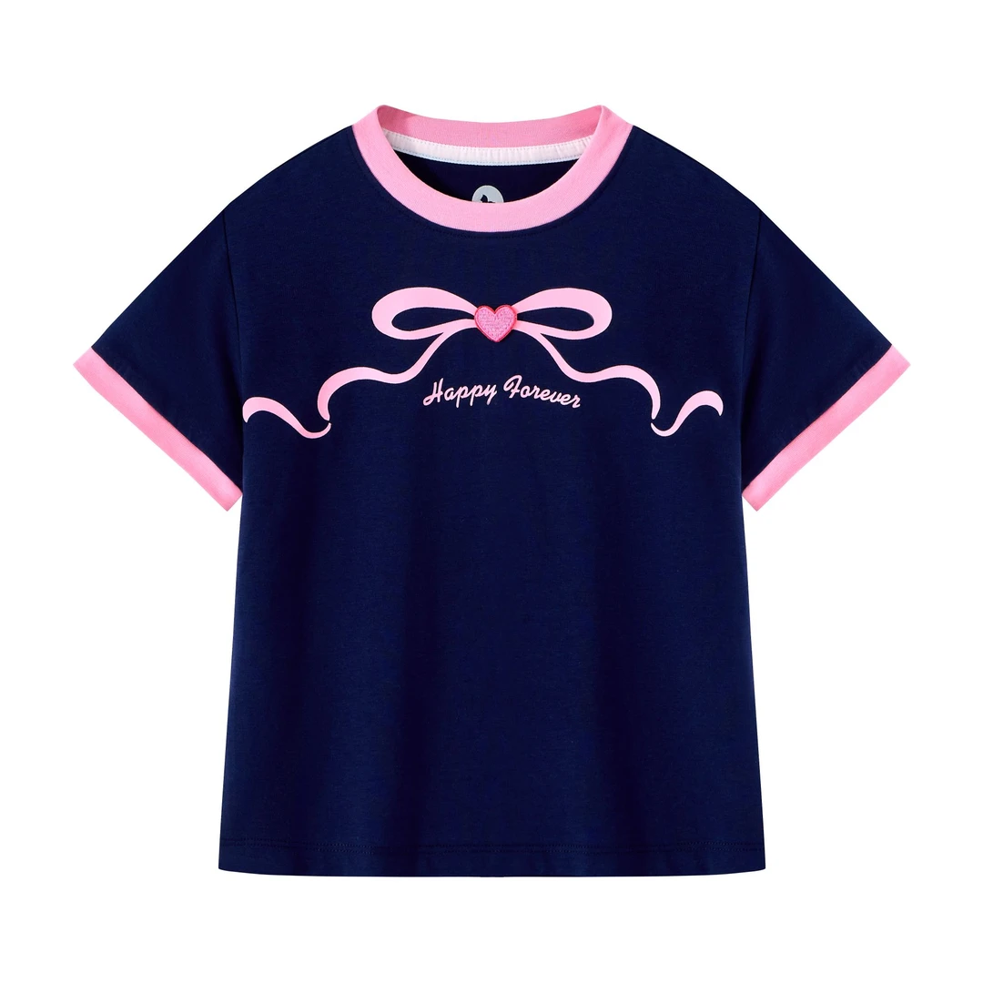 MQD童装女童25夏季女孩夏装亲肤柔软休闲蝴蝶结短袖T恤BD25220313