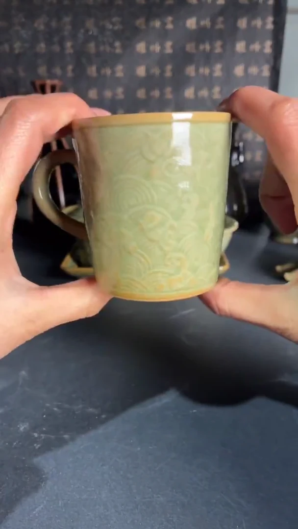 耀州窑仰山青釉落花流水咖啡杯微瑕无盖