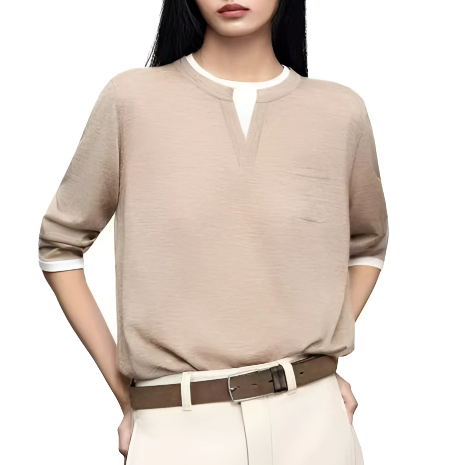 常规衫网红圆领宽松型长袖休闲羊绒衫常规款拼色