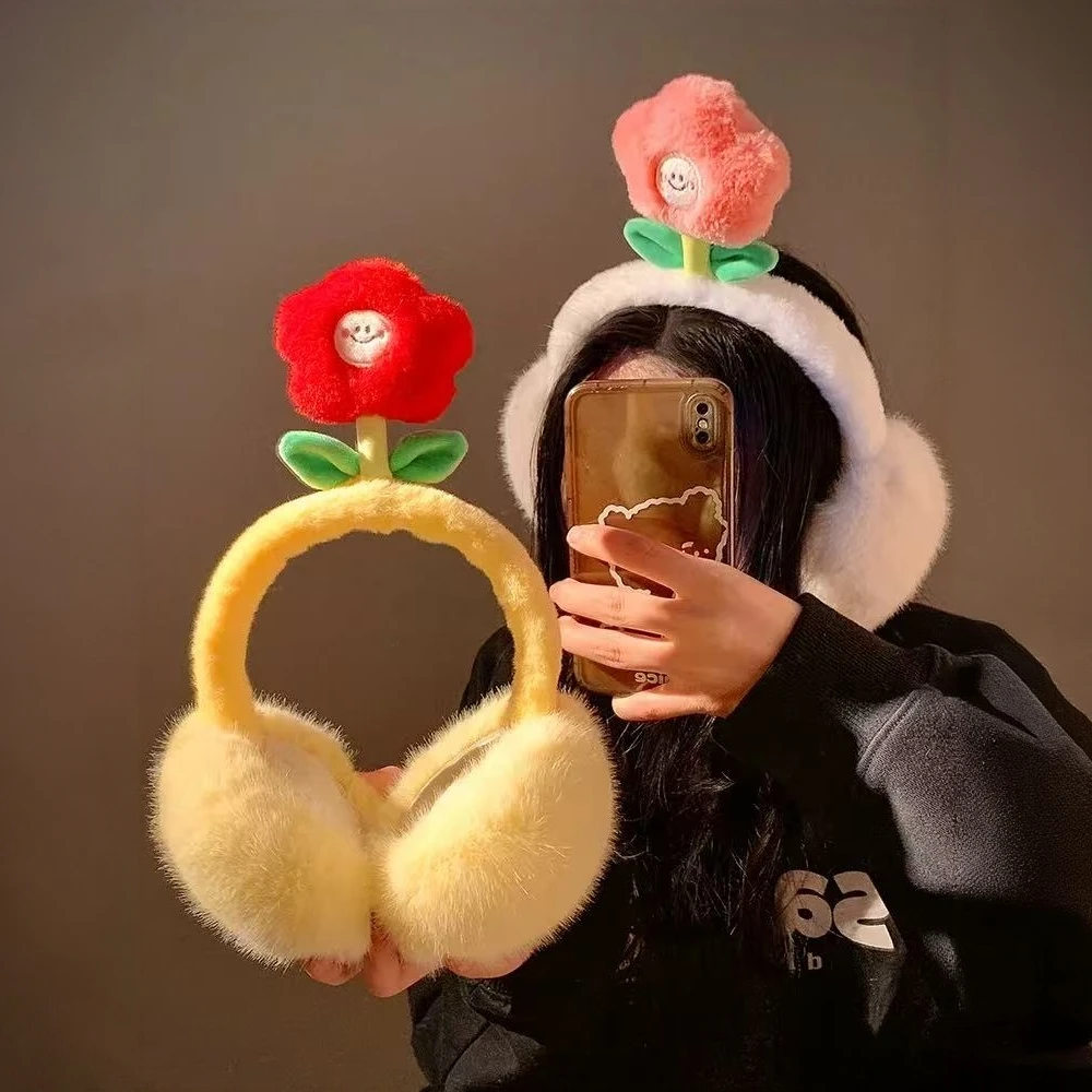 B-0993 送你一朵小红花毛绒耳罩女护耳保暖防寒耳捂围巾手套帽子