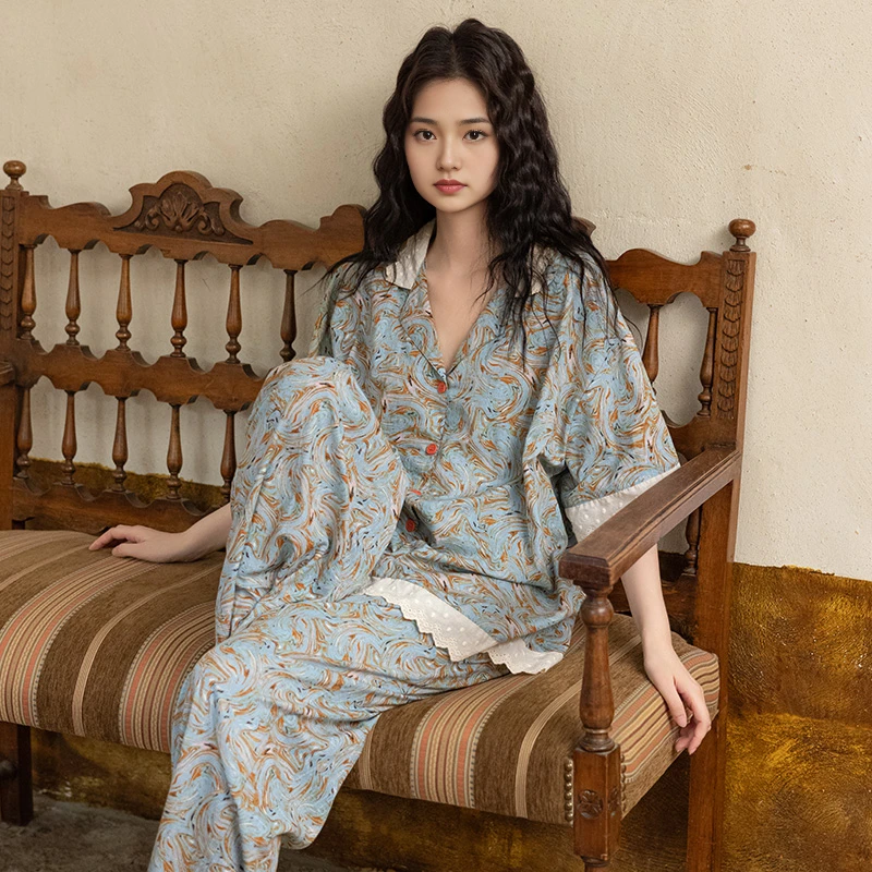 高档纯棉睡衣女夏季2025新款短袖长裤碎花复古家居服套装宽松休闲