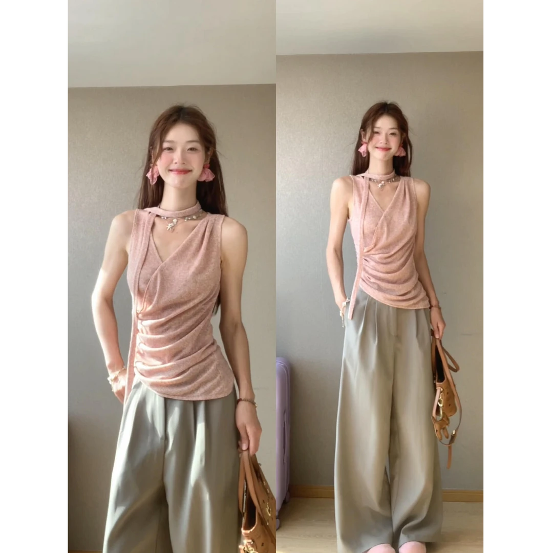 韩系性感女神2025夏季新款纯欲收腰无袖背心上衣配阔腿休闲裤套装