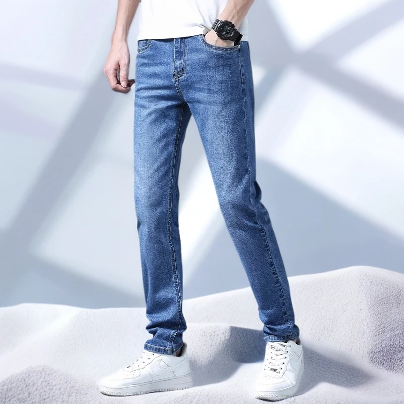 宾斯洛特牛仔裤男士夏季冰丝薄款修身小脚裤百搭复古商务男式长裤