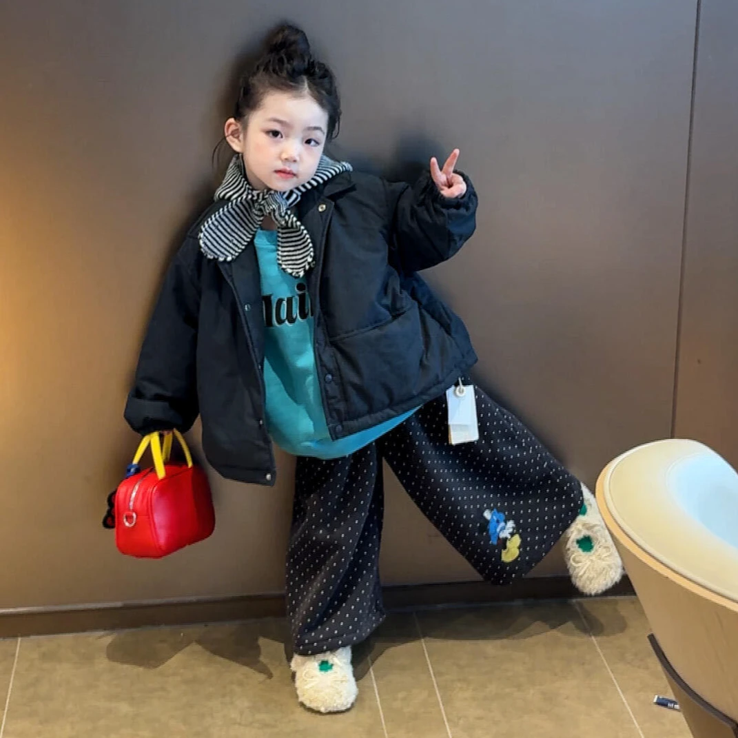 小思家女童2025秋冬新款韩版洋气夹克外套圆领套头卫衣波点裤套装