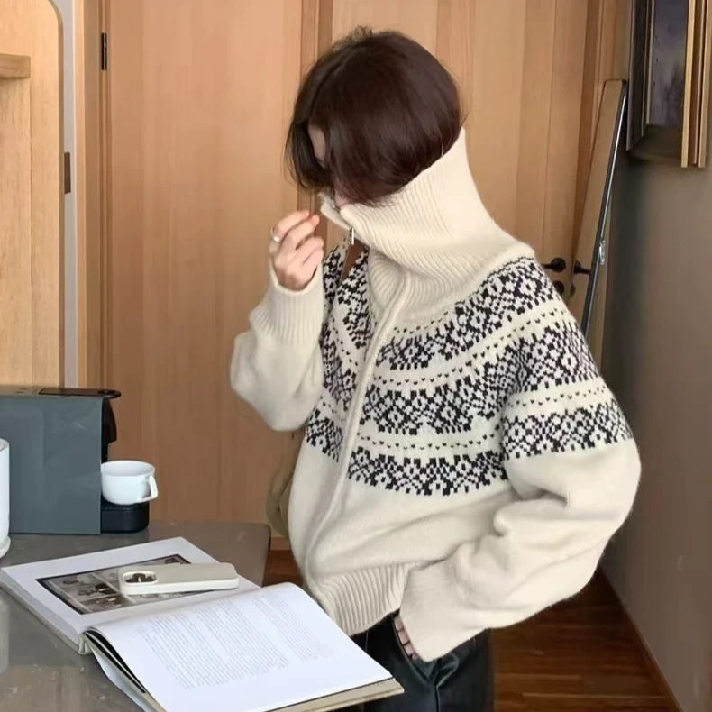 费尔岛翻领毛衣开衫女气质双拉链提花宽松显瘦针织毛衣外套102303