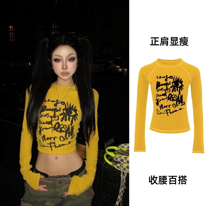 港风复古辣妹黄色正肩长袖t恤女秋季设计感小众修身显瘦打底上衣