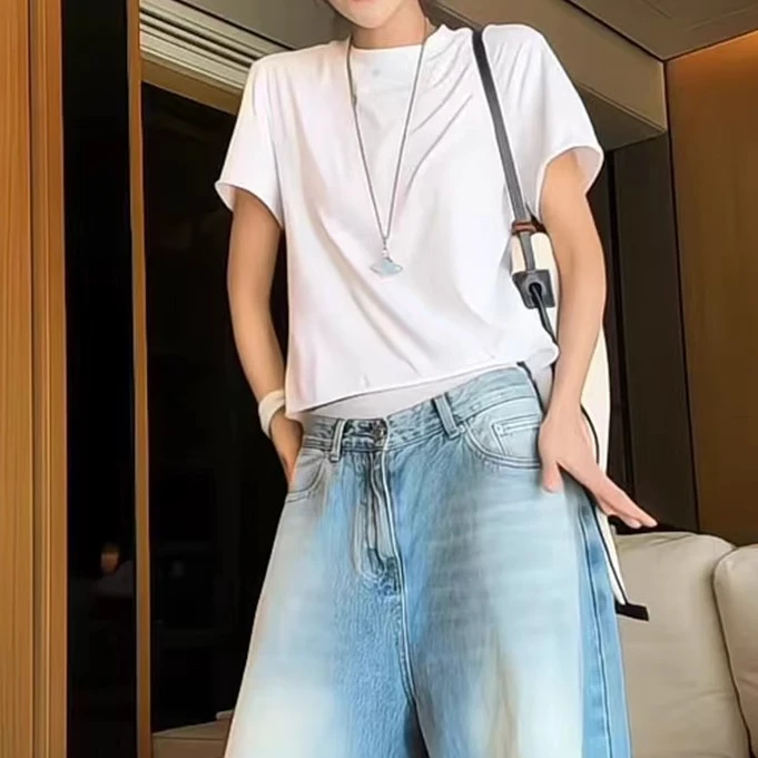 简约风设计感卷边圆领棉短袖t恤女外穿后中线宽松半袖打底上衣