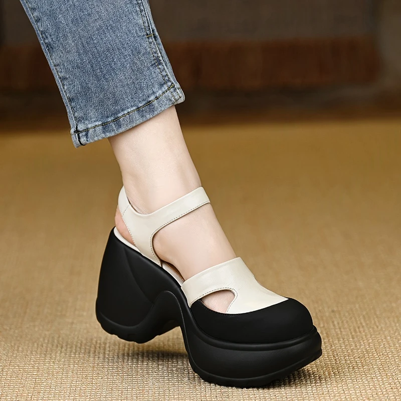 小个子手工女鞋10cm～高跟凉鞋时尚简约防水台镂空百搭坡跟鞋米白