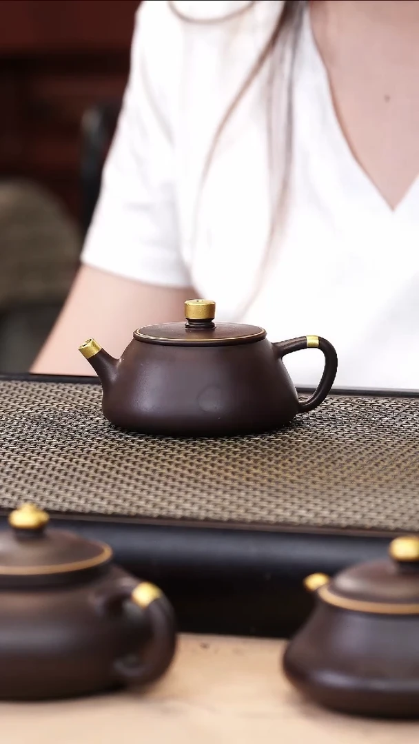 茶壶紫砂四号井茄皮紫泥描金平盖石瓢120cc