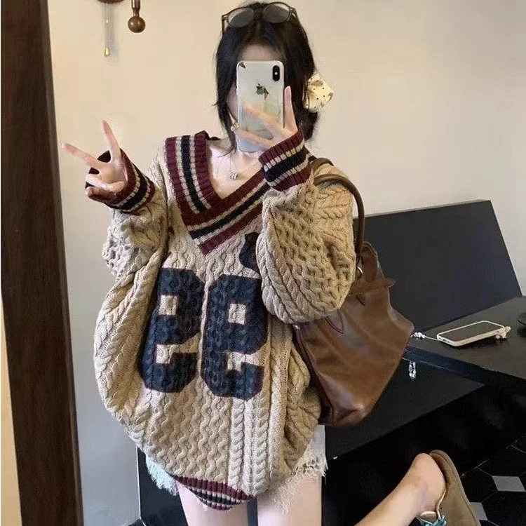 美式复古撞色v领软糯提花毛衣女2025秋冬新款宽松慵懒风针织上衣