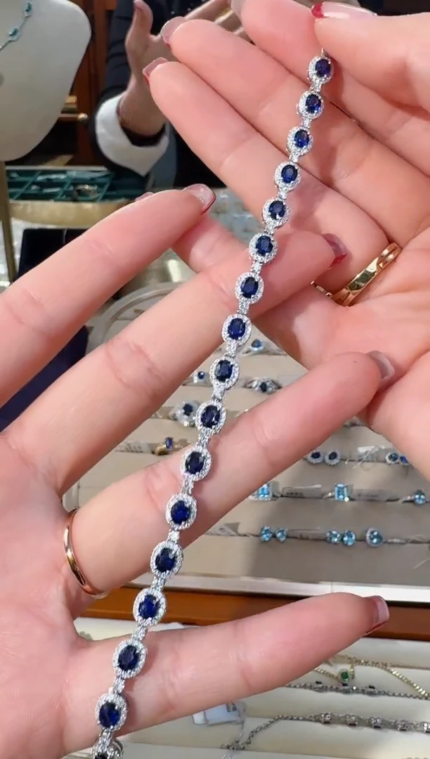 【闪购商品】蓝宝石手链18K金镶嵌6.45ct皇家蓝满钻手链