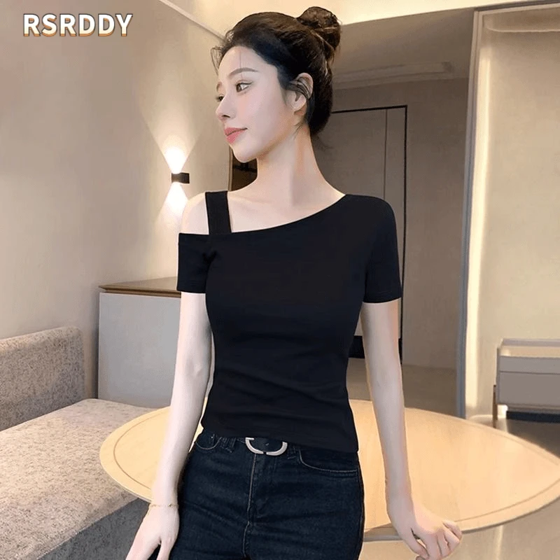 RSRDDY斜肩显瘦T恤女短袖2025新款夏季纯棉修身高级感露肩上衣潮