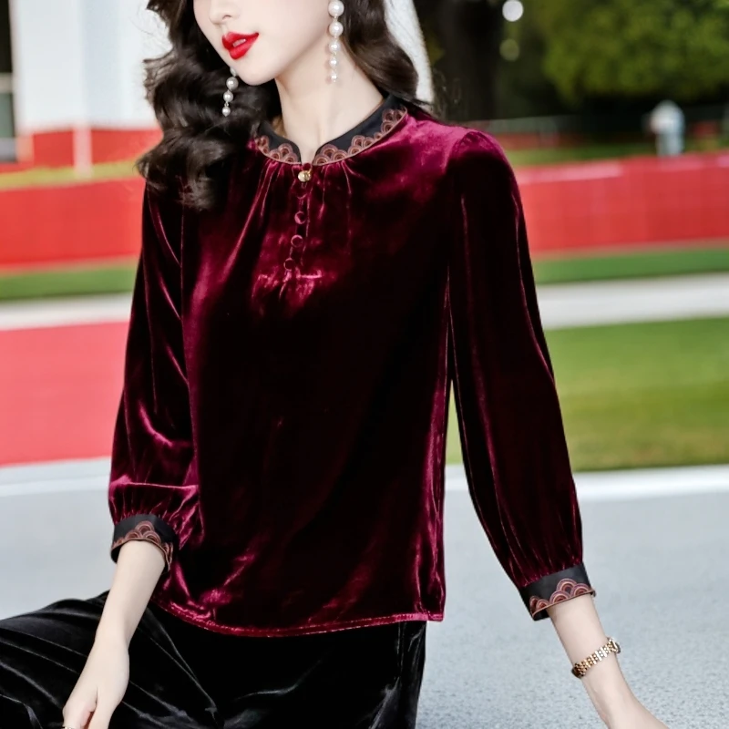 阔太太好看新款女秋秋高档轻奢气质显瘦复古旗袍中式领小衫气质