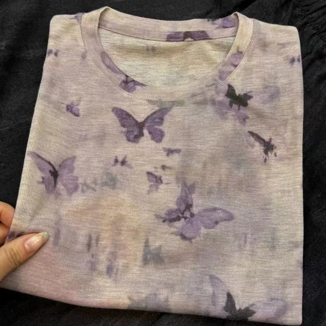 【莱赛尔天丝】春夏新款减龄紫蝴蝶宽松印花短袖圆领T恤女装653