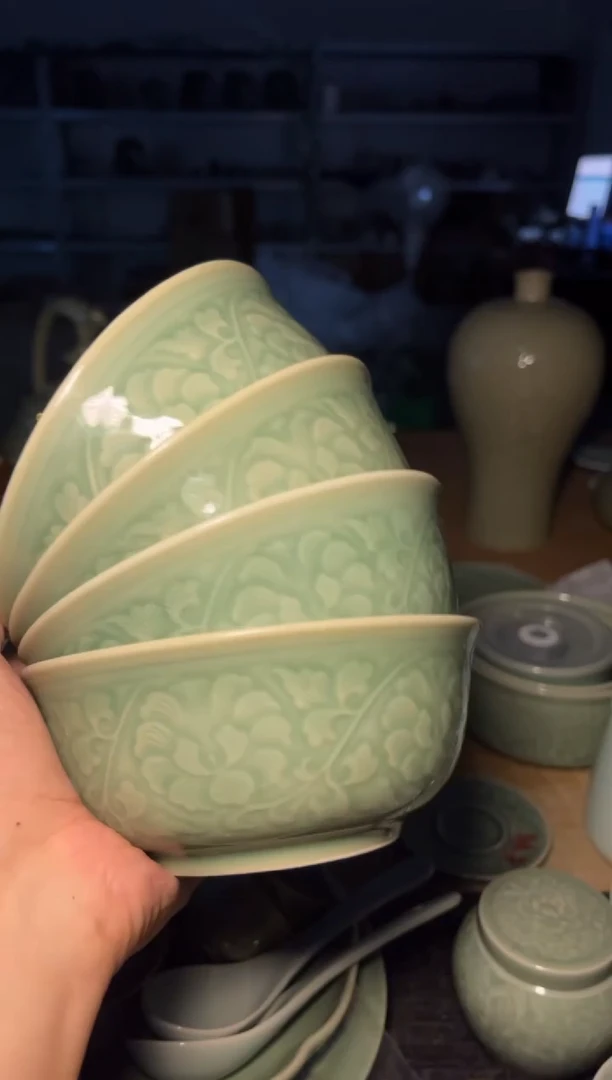 瓷微瑕5.5低牡丹碗4只