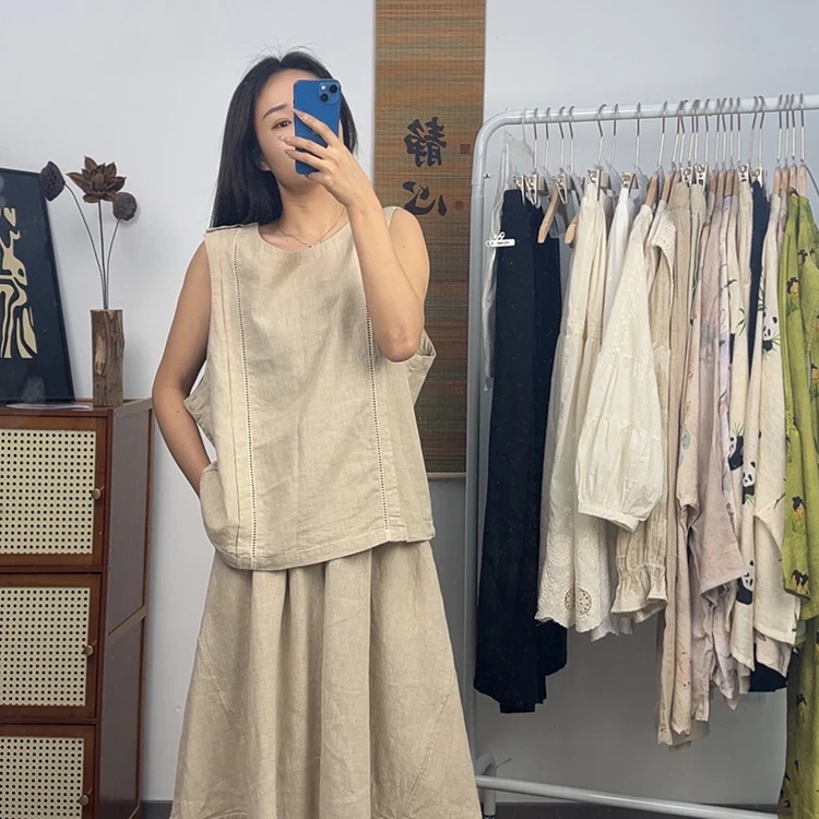 2025春季新款亚麻半身裙女中长款高腰显瘦百搭A字裙棉麻镂空马甲