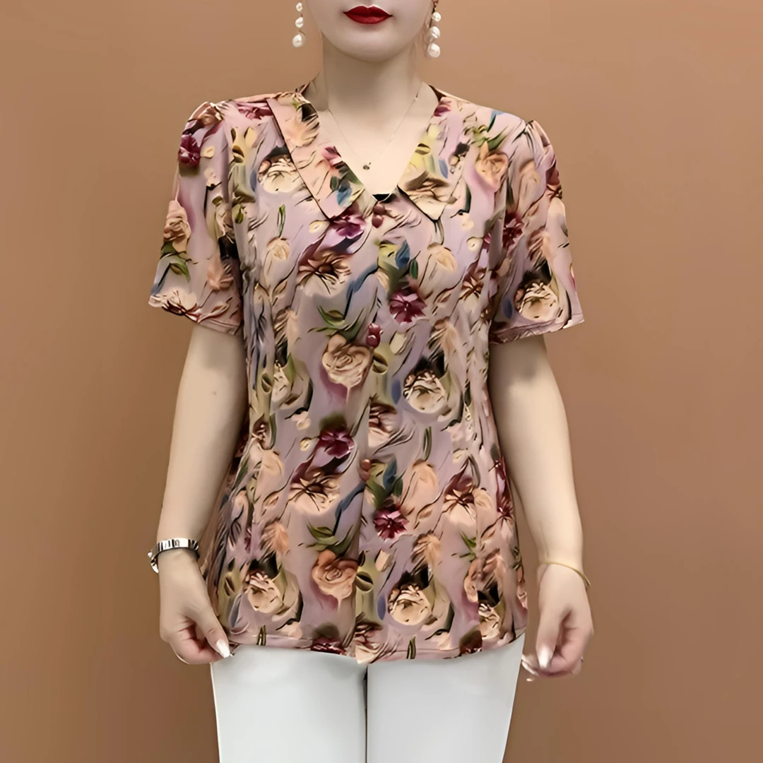 2025夏季新款中老年妈妈装小衫娃娃领短袖时尚百搭印花气质上衣