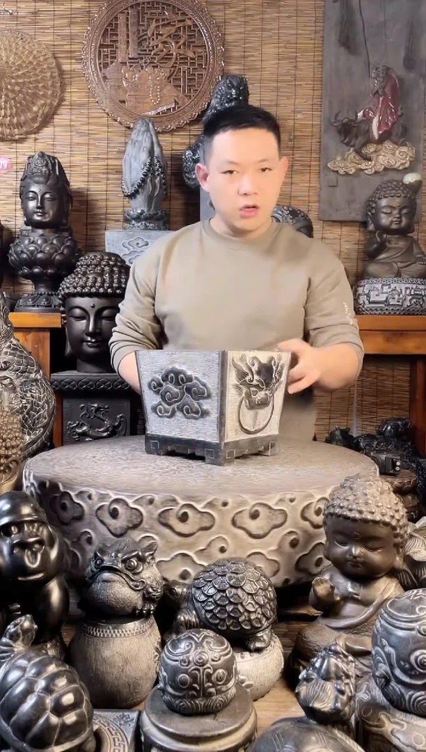 【闪购商品】21双兽头祥云盆天然青石雕刻