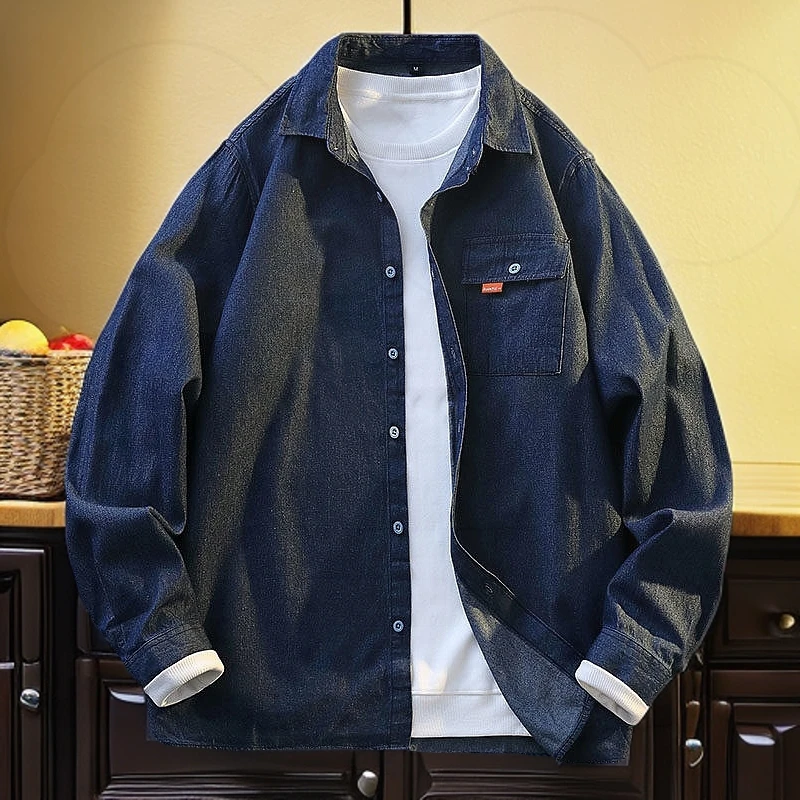 长袖牛仔衬衫男春秋款宽松港风外套男士春装上衣青少年痞帅衬衣服