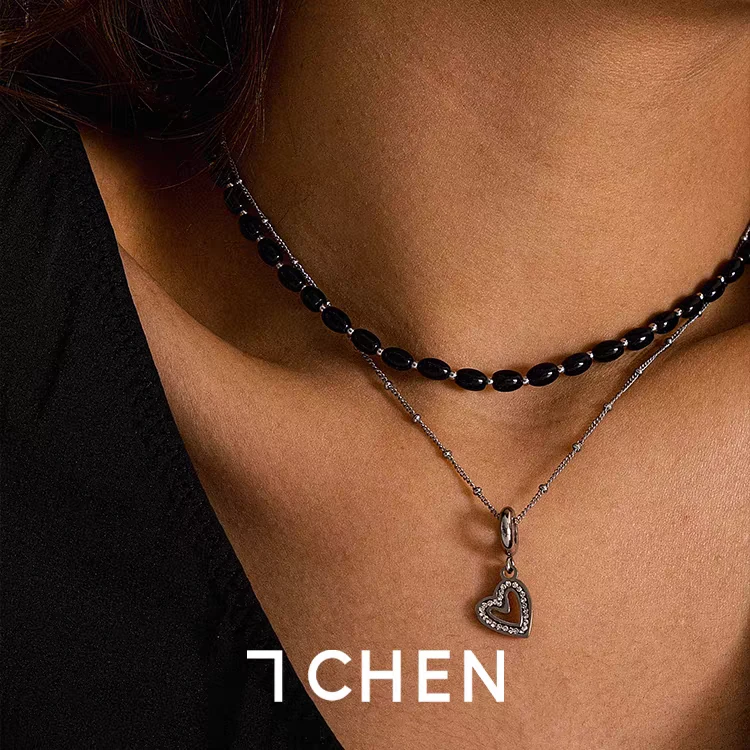 钛钢项链 7CHEN原创高级设计感串珠爱心吊坠双层叠戴项链女