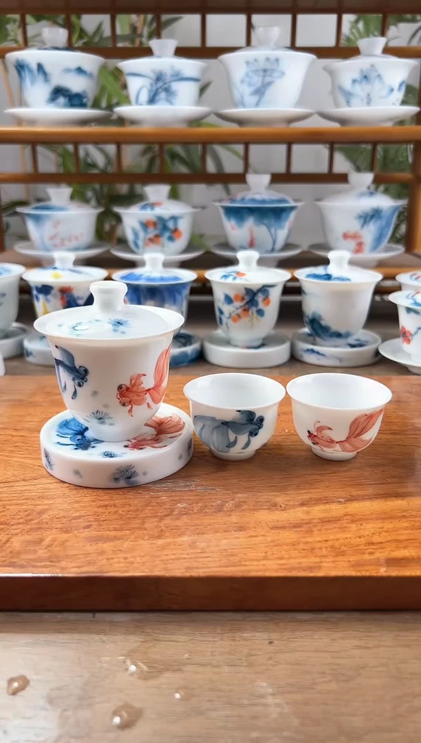 微瑕红蓝锦鲤美人备+小盖置+小美人杯2个