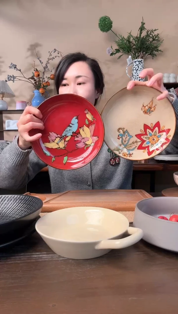 8英寸窑变手绘深盘2只微瑕