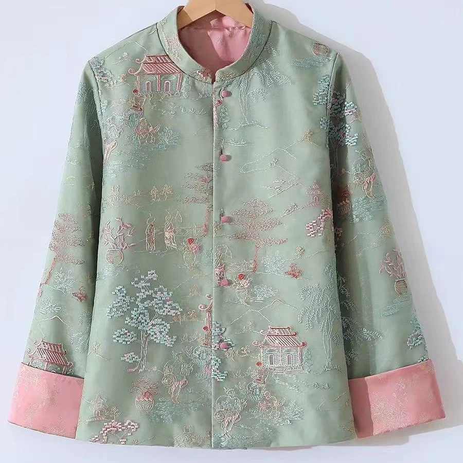 D081早春新中式提花刺绣撞色外套女 中国风立领复古舒适上衣