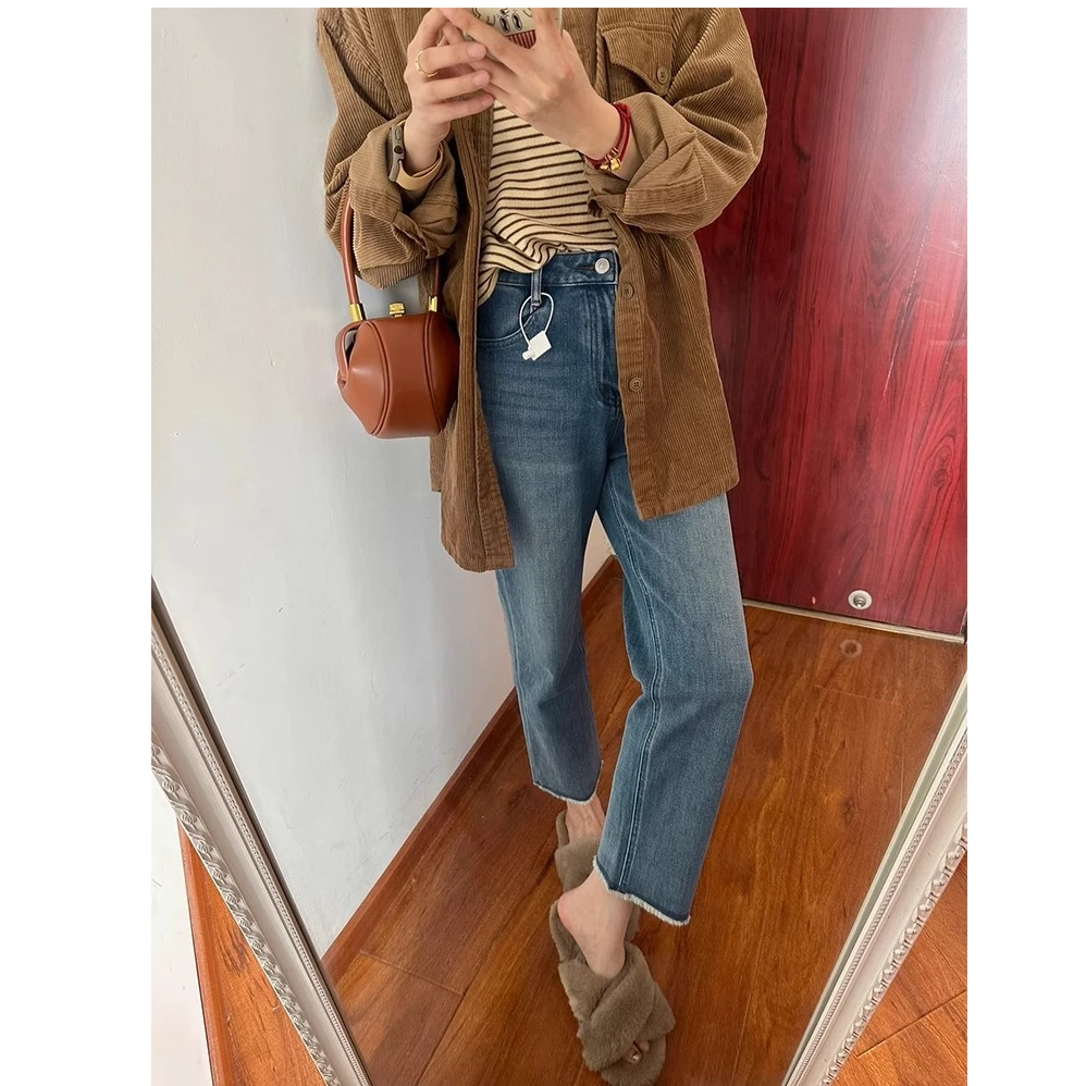 秋季新款高腰显瘦直筒裤小个子毛边窄版法棍裤弹力九分牛仔裤