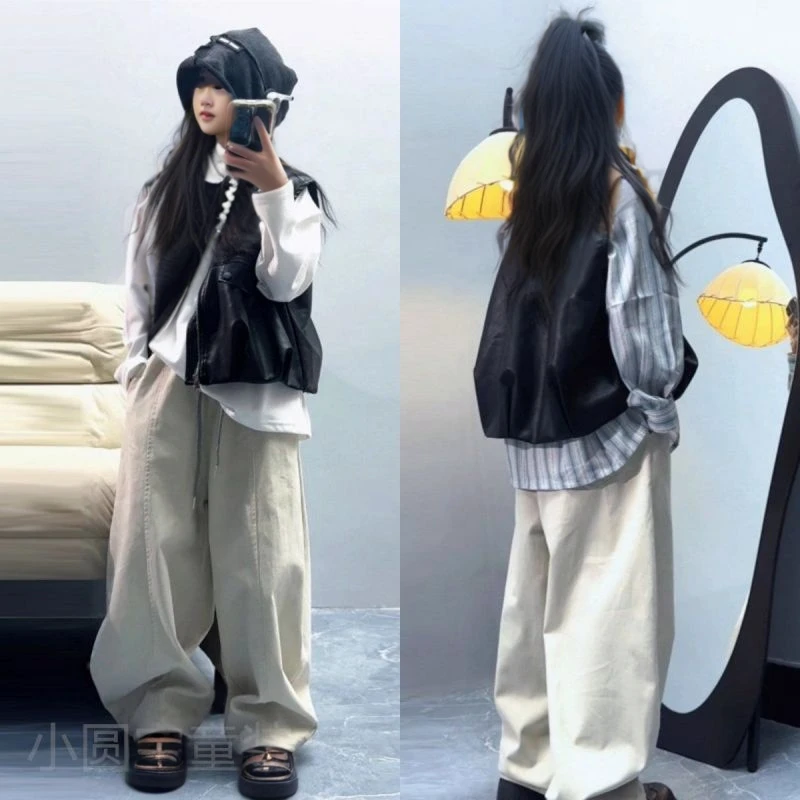 早秋穿搭一整套女童套装2025新款洋气时髦春秋款皮马甲三件套潮酷