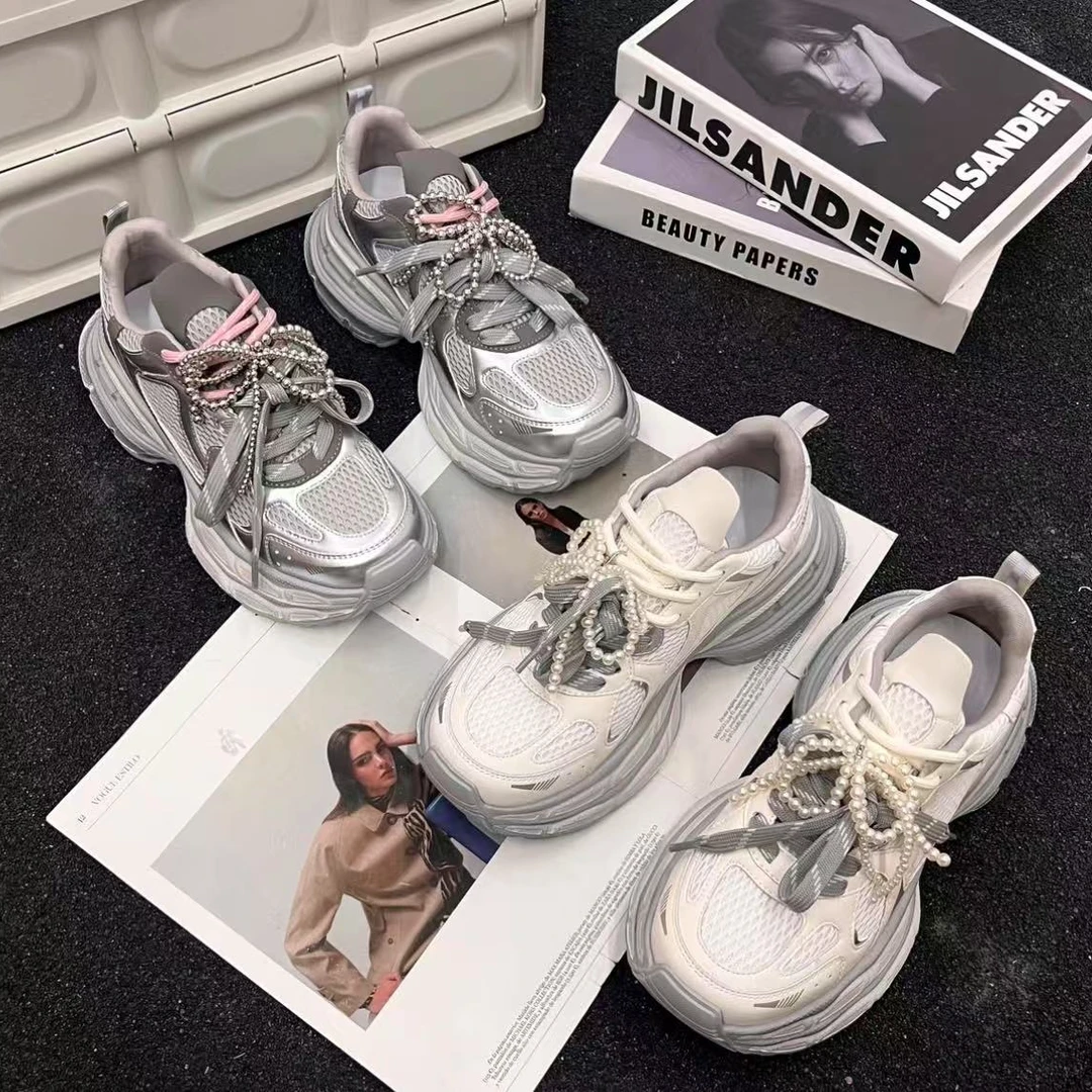 网面老爹鞋女2025年新款真皮厚底圆头休闲鞋时尚百搭夏季透气春季