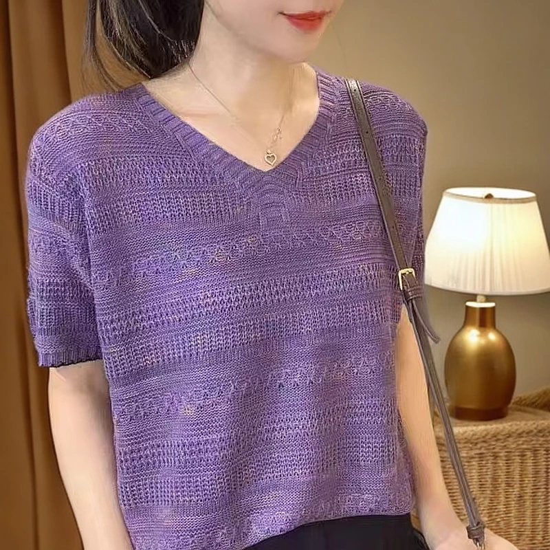 星空纱短袖针织衫时尚百搭镂空显瘦百搭宽松薄款洋气拼色法式别致