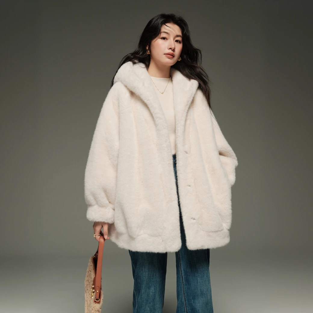 【冰城初恋】秋冬新款纯色连帽轻奢保暖穿搭上衣女毛毛外套MS242039