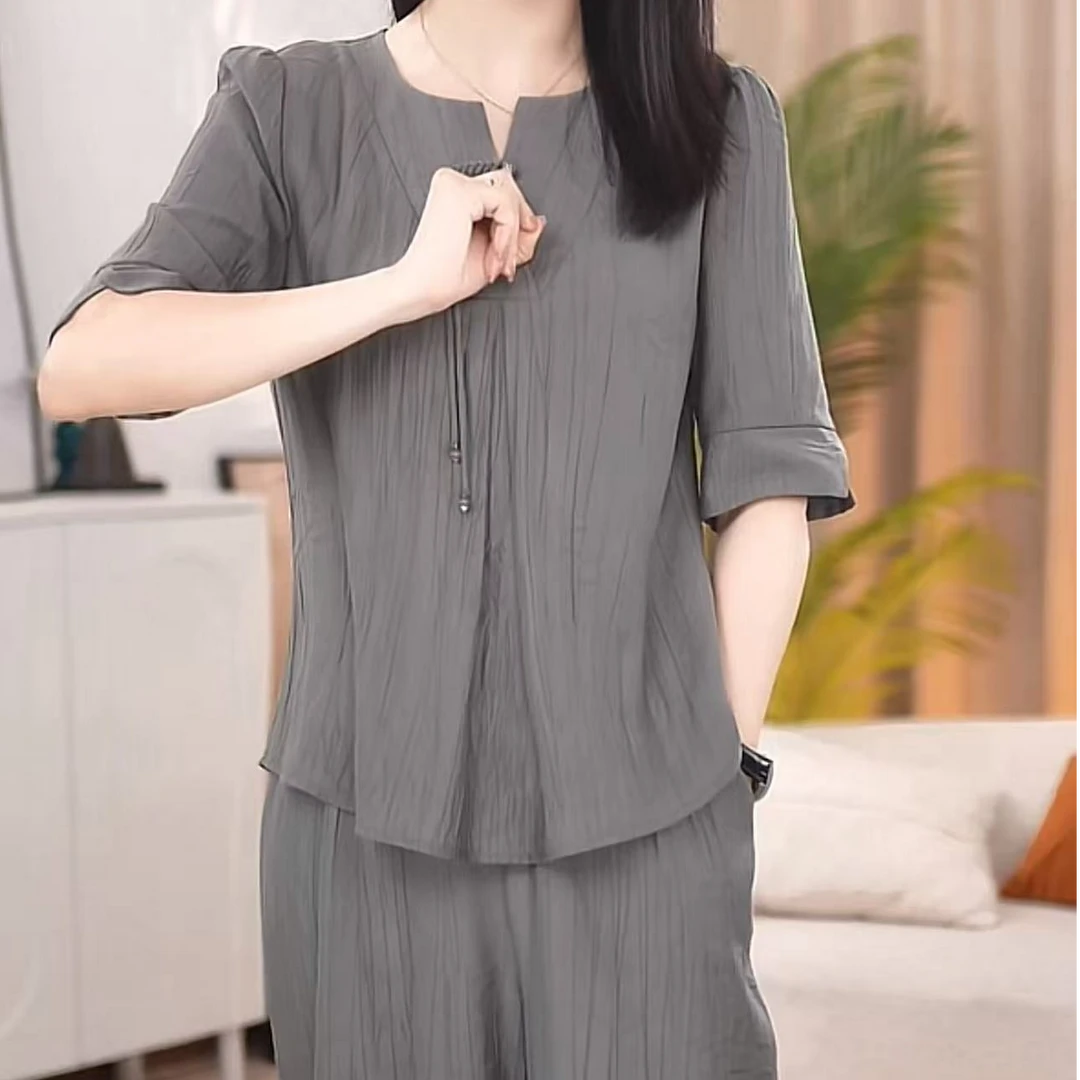 复古赫本风纯色领上衣宽松阔腿裤两件套度假风简约时尚