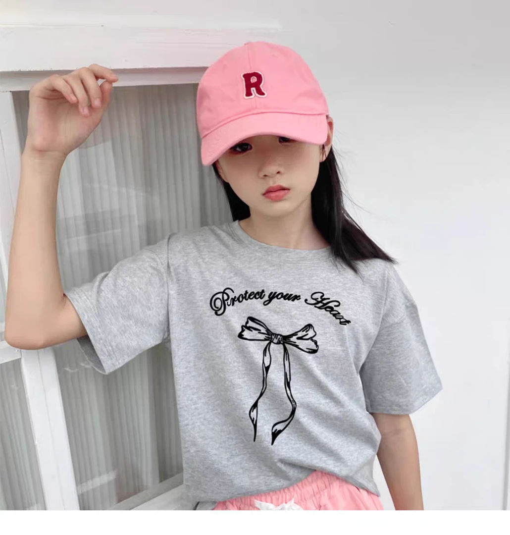 25夏季新蝴蝶结印花女童宽松圆领短袖T恤中大童休闲韩版上衣5931