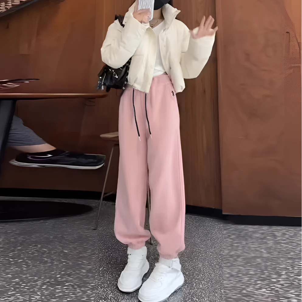 2025春季欧若风韩版休闲束脚哈伦裤高腰显瘦时尚刺绣宽松运动卫裤