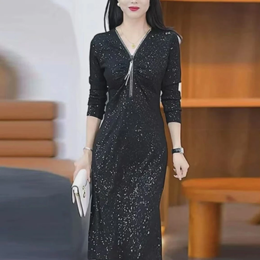 D赫本风黑色细闪早春连衣裙G25009