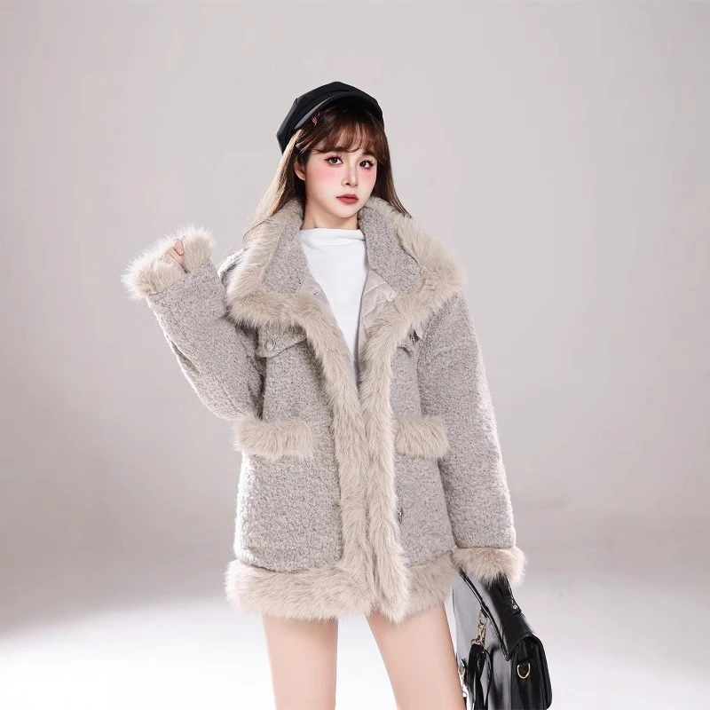 韩系小香风冬季外套托卡环保狐狸毛毛拼接棉服韩版宽松加厚大衣